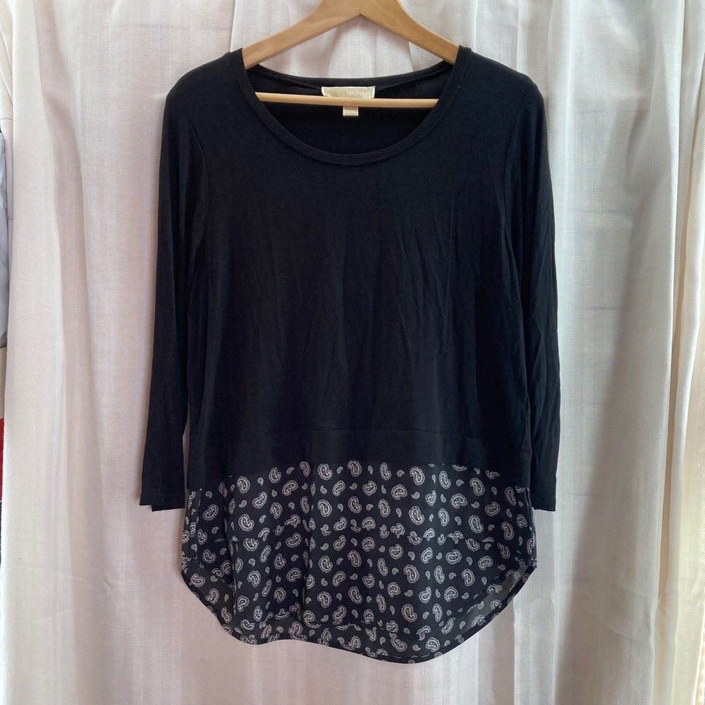 Michael Kors Black Long Sleeve Paisley Print Chiffon Hem Top Women's M Career